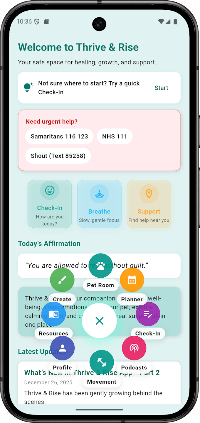 Thrive & Rise app home screen showing gentle daily tools